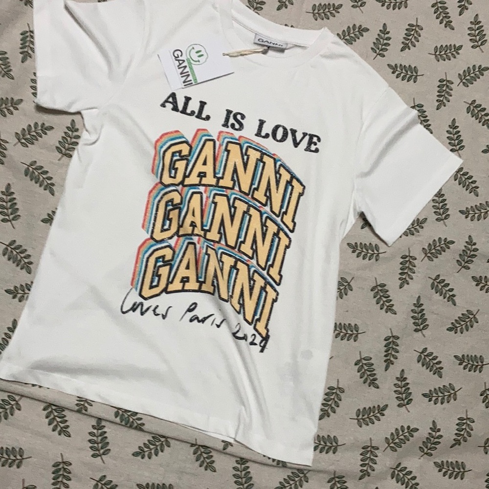 Ganni All is Love Paris T-shirt white Designer Graphic Tee NWT